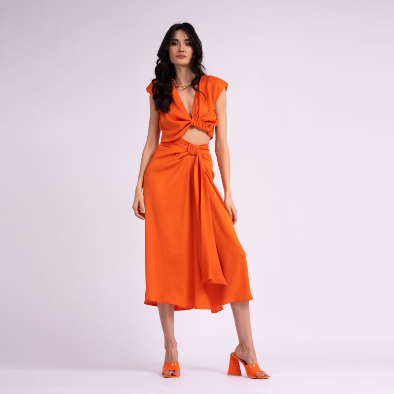 Orange Set With Knotted Top And Midi Skirt image