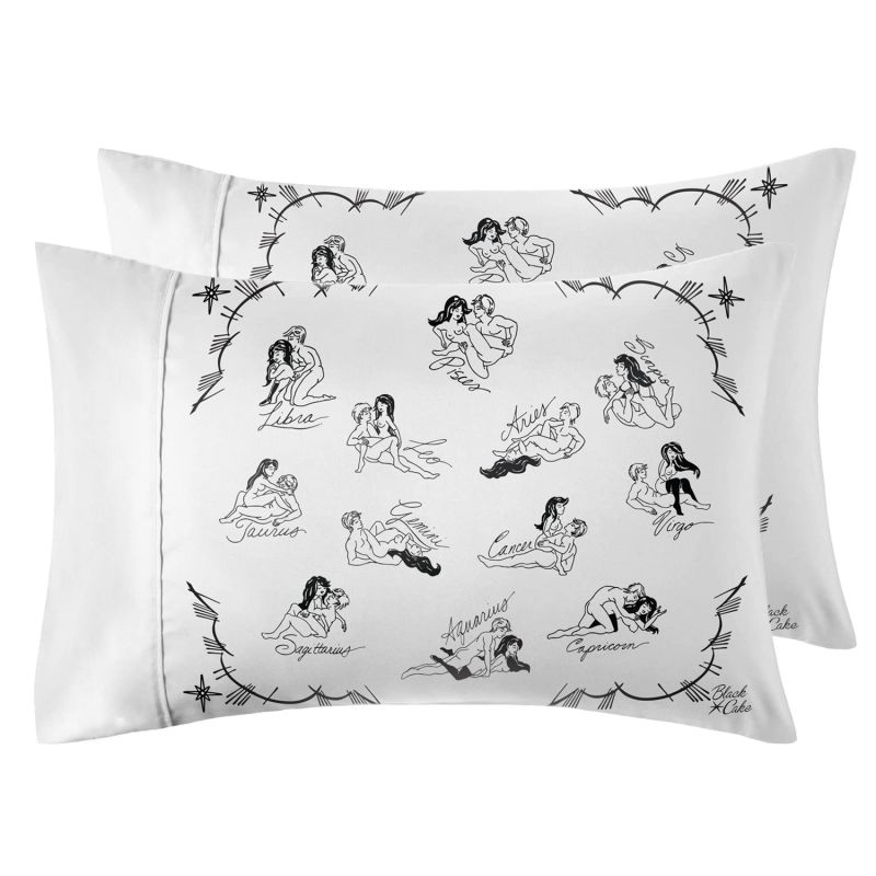 Organic White Cosmic Love Zodiac Astrology Horoscope Bedding Pillow Cases- Set image