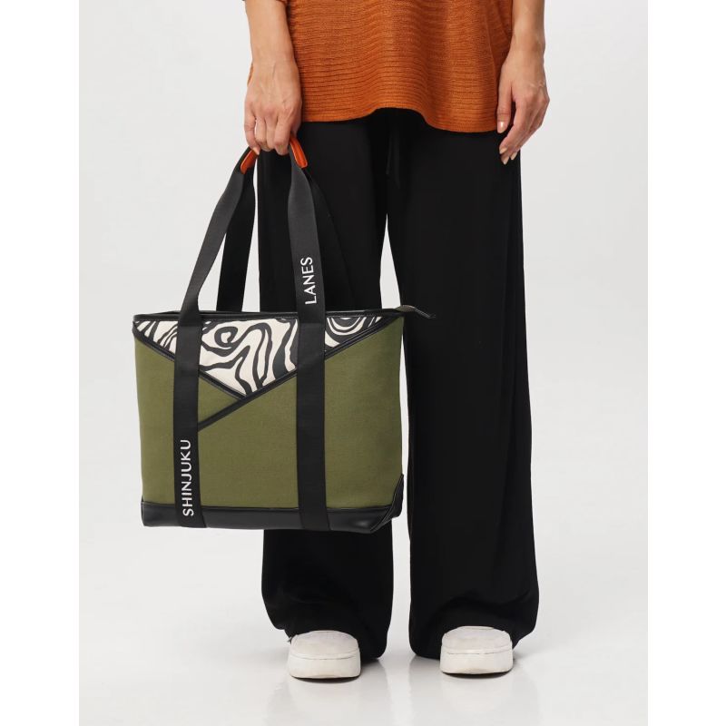 Origami Pocket Tote - Khaki Green Terrain Print image