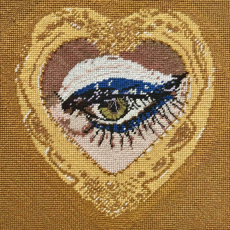 Haricot Vert X Mommani Threads  "Heartfelt Glimpse" Hand-Embroidered Needlepoint Heart Pillow, One Of A Kind image