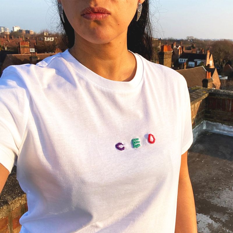 White Hand Embroidered C E O T-Shirt image