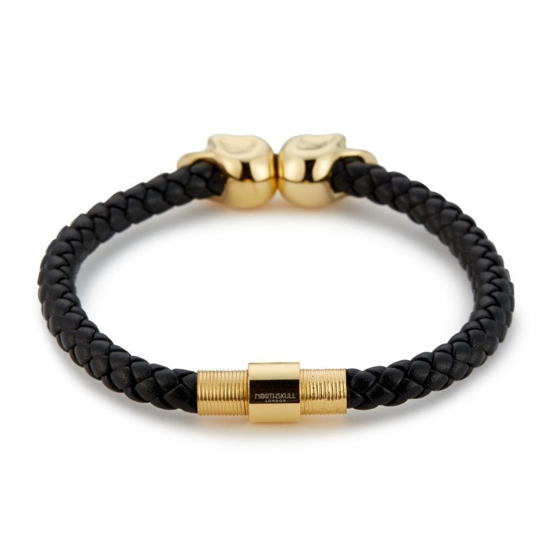 Black Nappa Leather / Gold Twin Skull Bracelet image