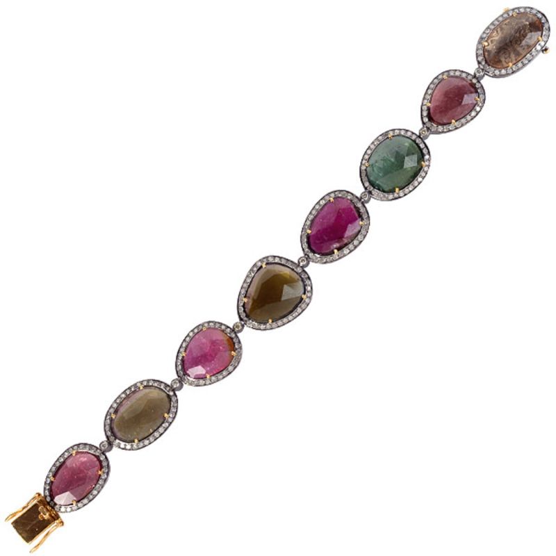 Oval Cut Multi Tourmaline & Pave Diamond Statement Bracelet In 18K Gold With Silver image