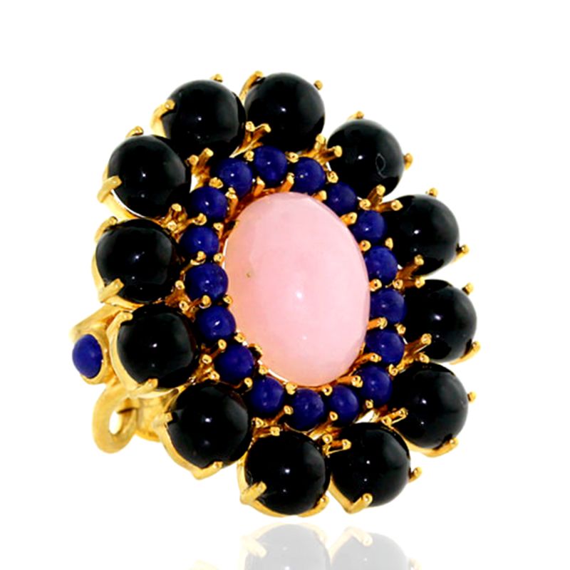 Oval Cut Opal & Lapis With Onyx Gemstone In 18K Yellow Gold Cocktail Ring image