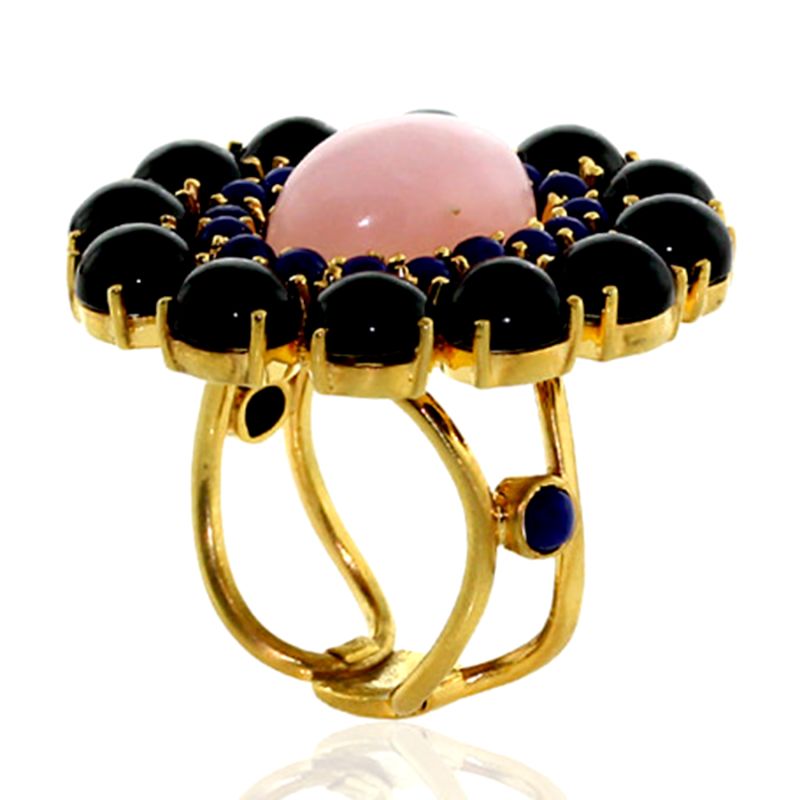 Oval Cut Opal & Lapis With Onyx Gemstone In 18K Yellow Gold Cocktail Ring image