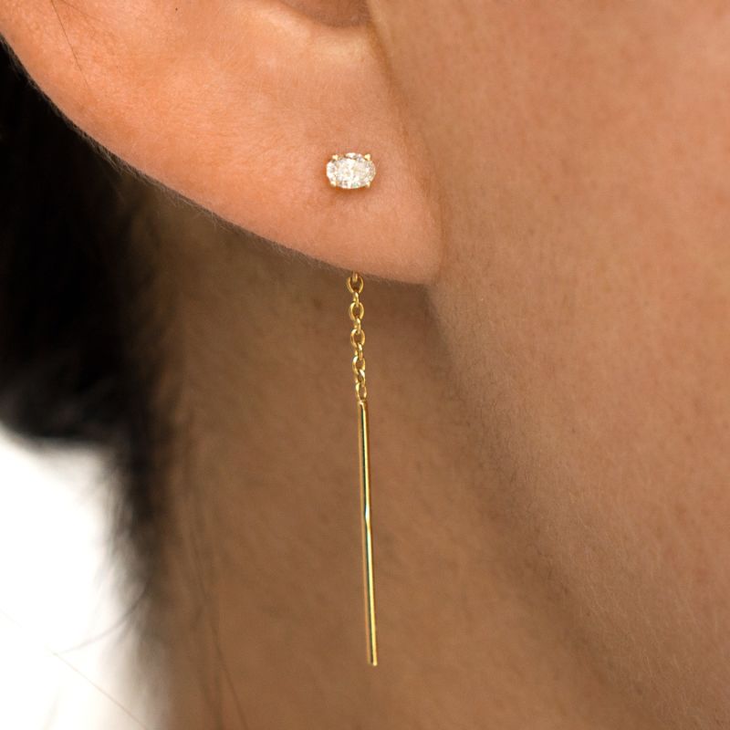 Oval Diamond Threader Earring Solid Gold Single image