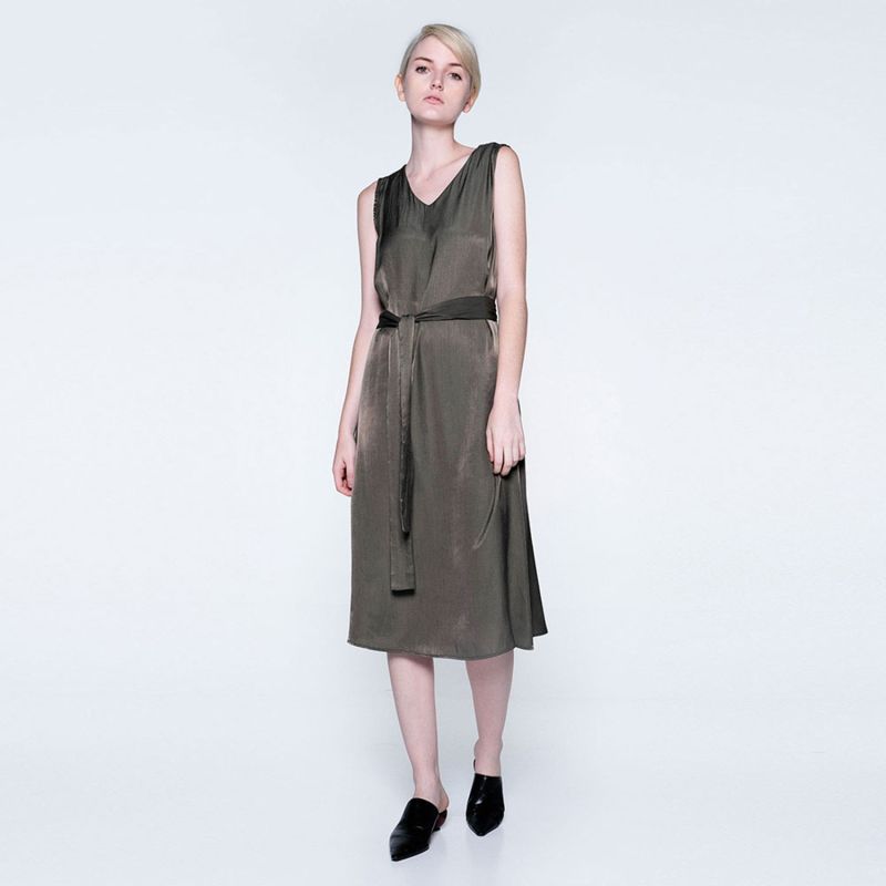 Savanna Soft Cupro Flare Dress In Dark Olivine image