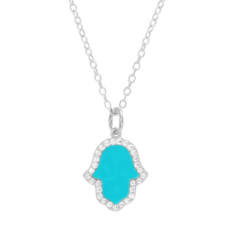 Turquoise Hamsa Hand Necklace In Silver image