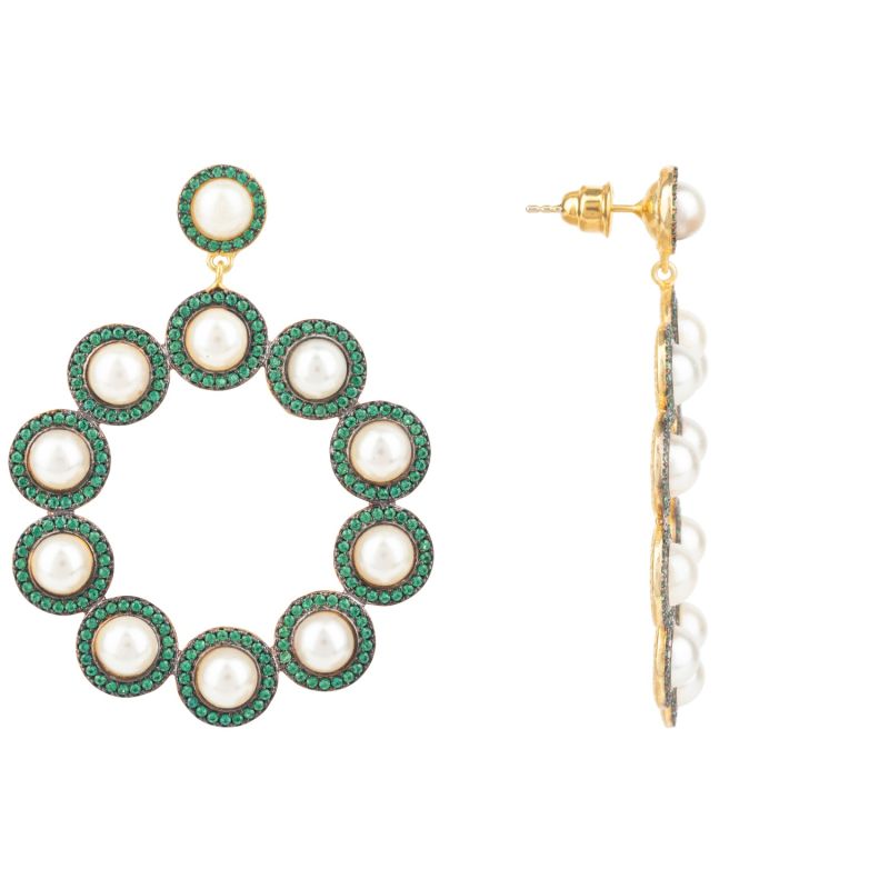 The Gatsby Pearl Earrings Emerald Green Cz Gold image