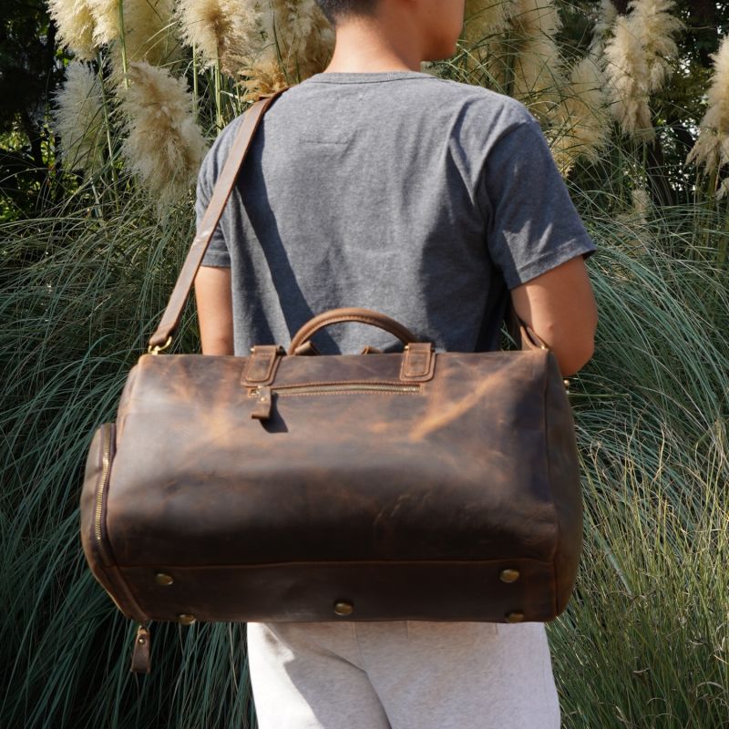 Genuine Leather Gym Bag With Shoe Storage In Worn Brown image