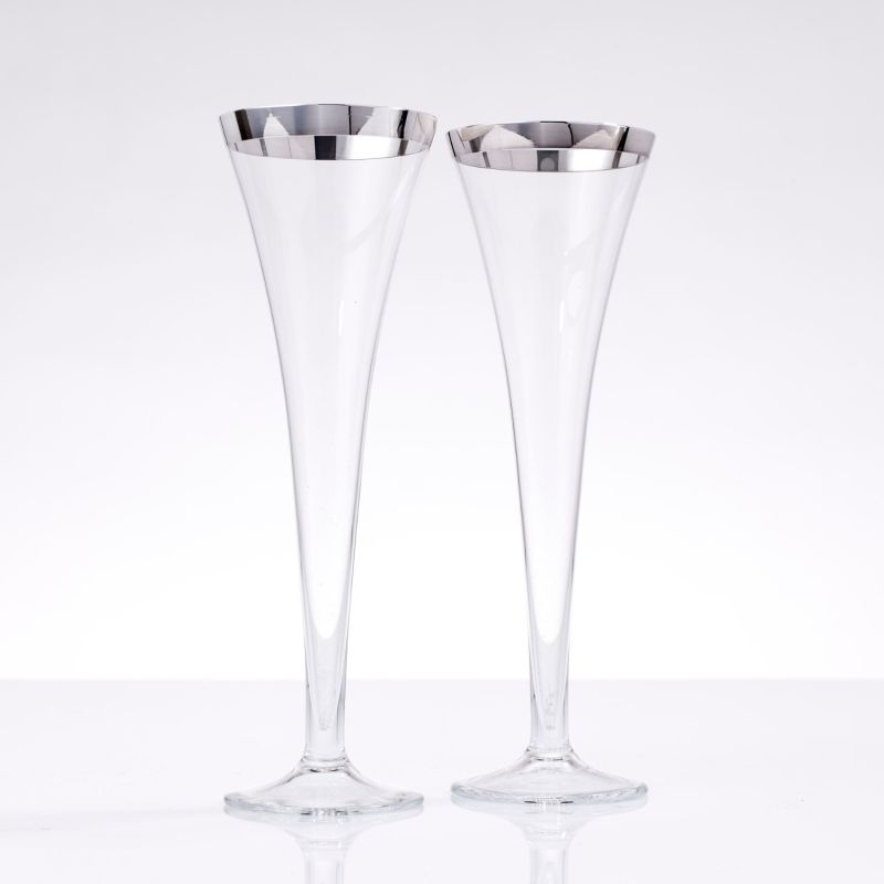 Pair Of Champagne Flutes With Silver Rim image