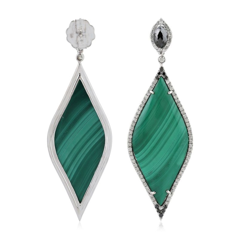 18K White Gold Natural Malachite Dangle Earrings Pave Diamond Handmade Jewelry image