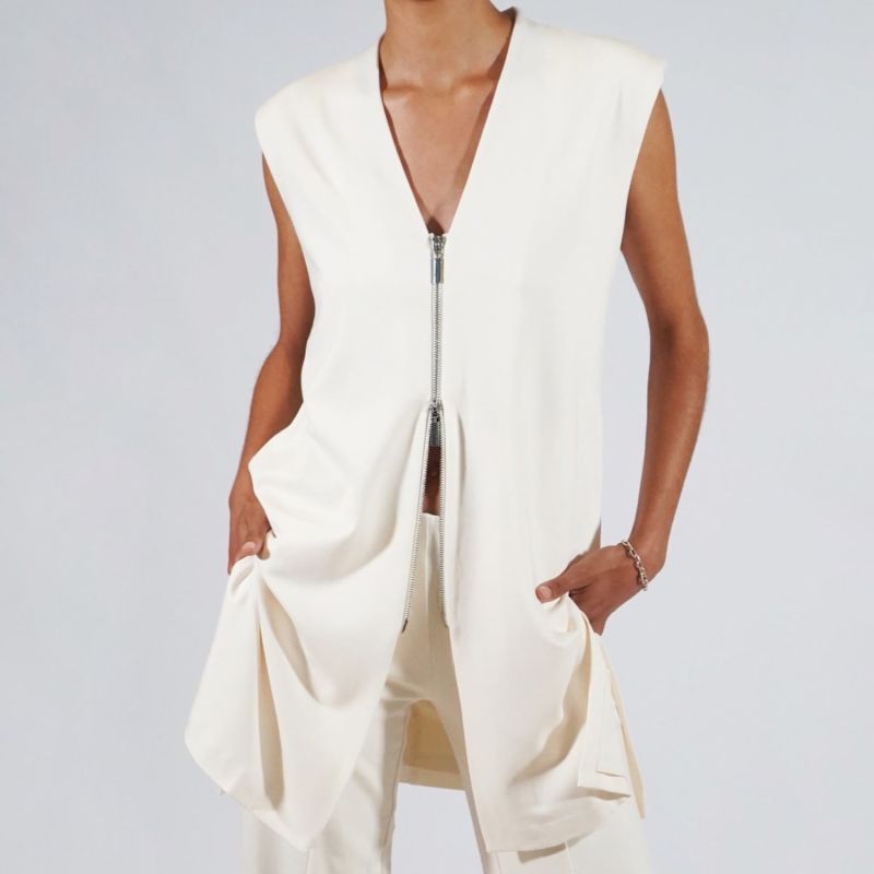 Luxury Ponte Knit Sleeveless Long Cardigan In Pearl White - The Thames image