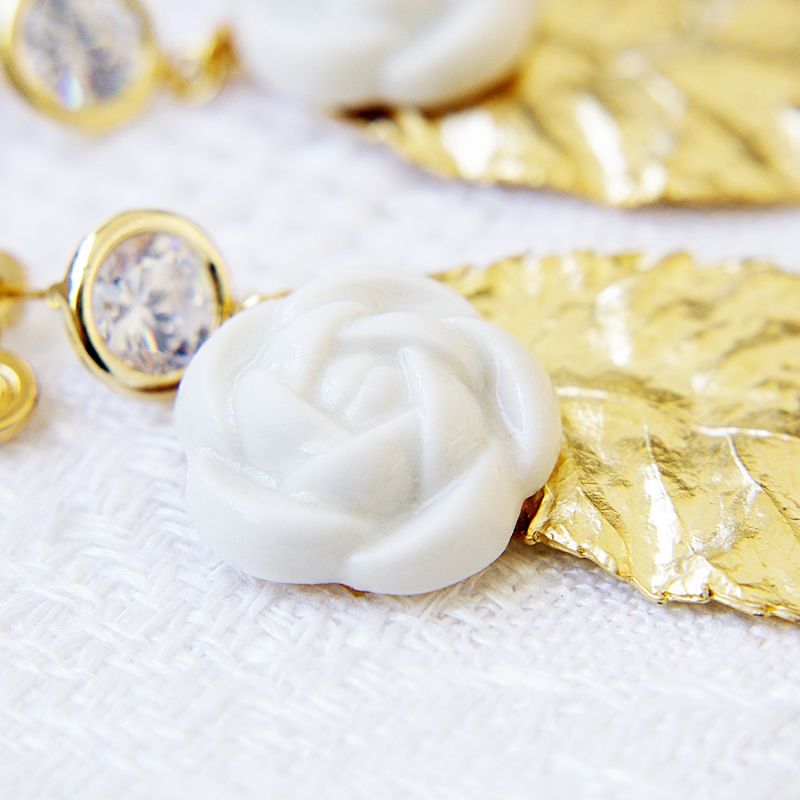 Porcelain Camellias & Golden Leaves Earrings image