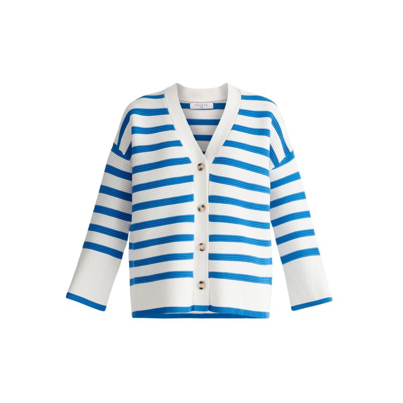 Paisie Striped Ribbed Cardigan In Blue & White image