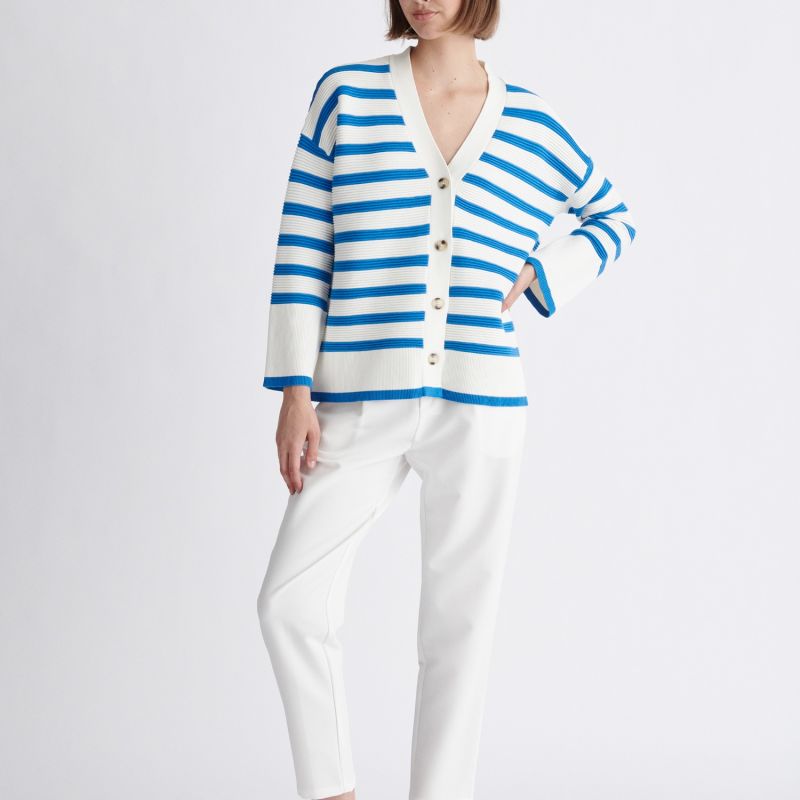 Paisie Striped Ribbed Cardigan In Blue & White image