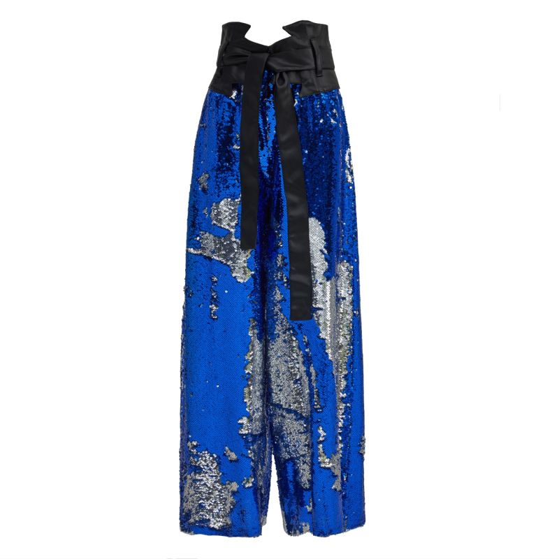 Palazzo Trousers With Double-Sided Sequins Blue Silver image