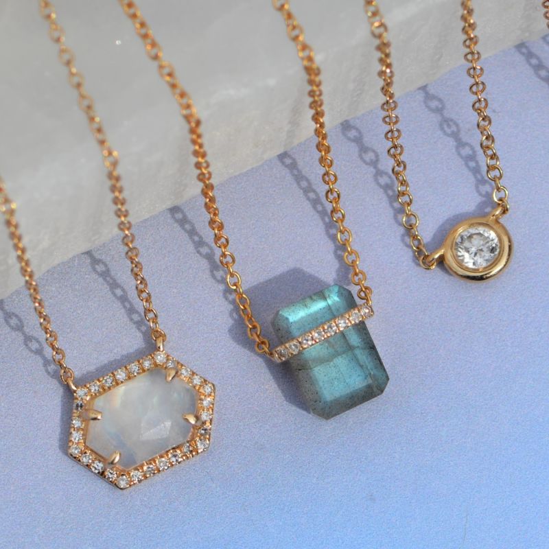 Mini Labradorite Huggie Necklace With Diamonds image