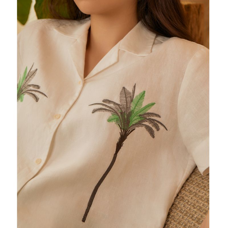 Palm Embroidered Oversize Irish Linen Cuban Shirt image