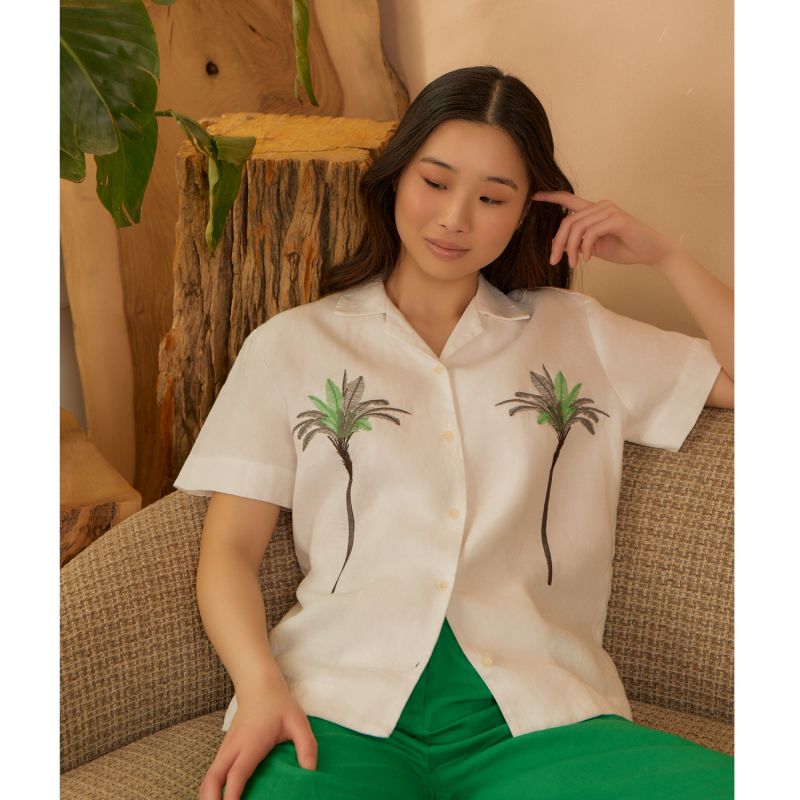 Palm Embroidered Oversize Irish Linen Cuban Shirt image