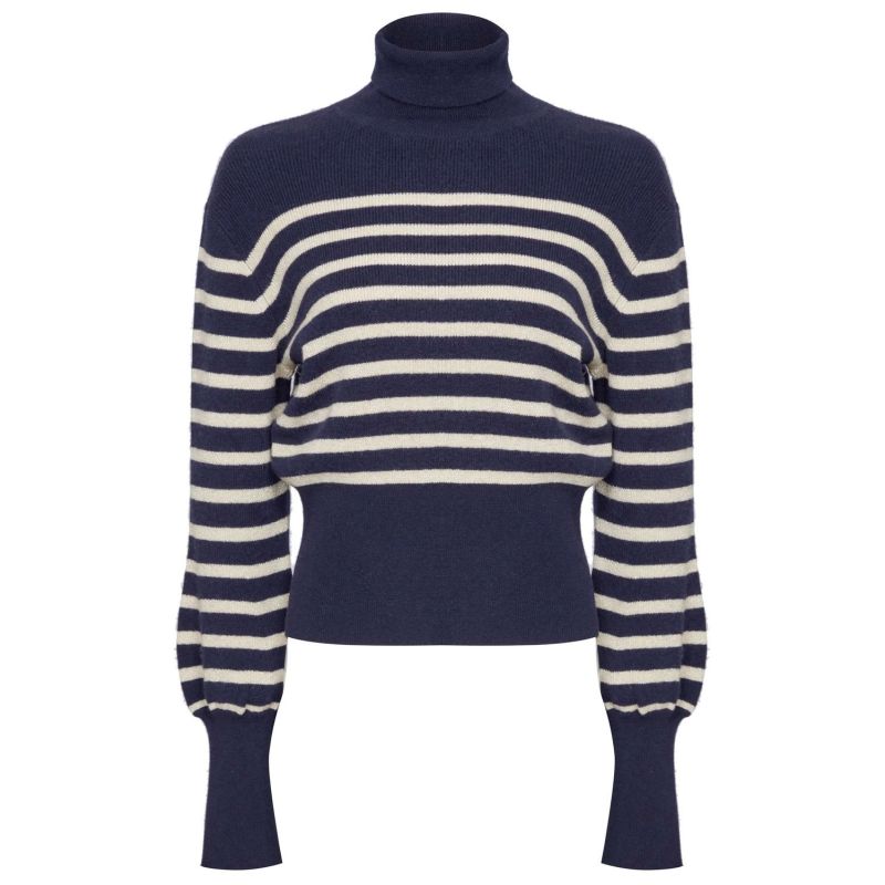 Navy & Cream Lurex Stripe Cashmere Roll Neck Jumper image