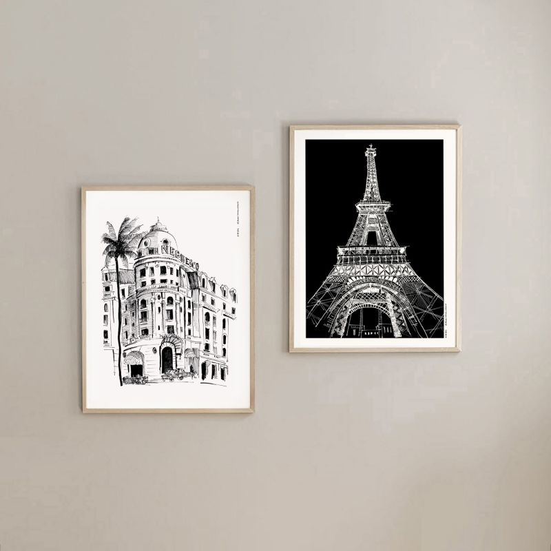 Black And White City Poster, Paris Wall Art With Eiffel Tower At Night: Art Print image
