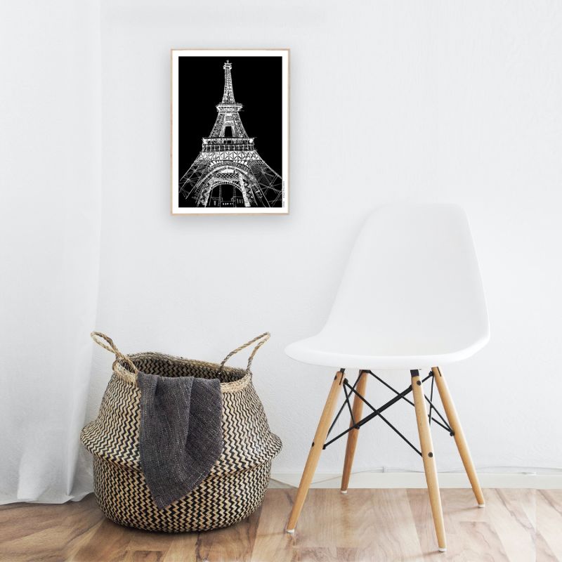 Black And White City Poster, Paris Wall Art With Eiffel Tower At Night: Art Print image