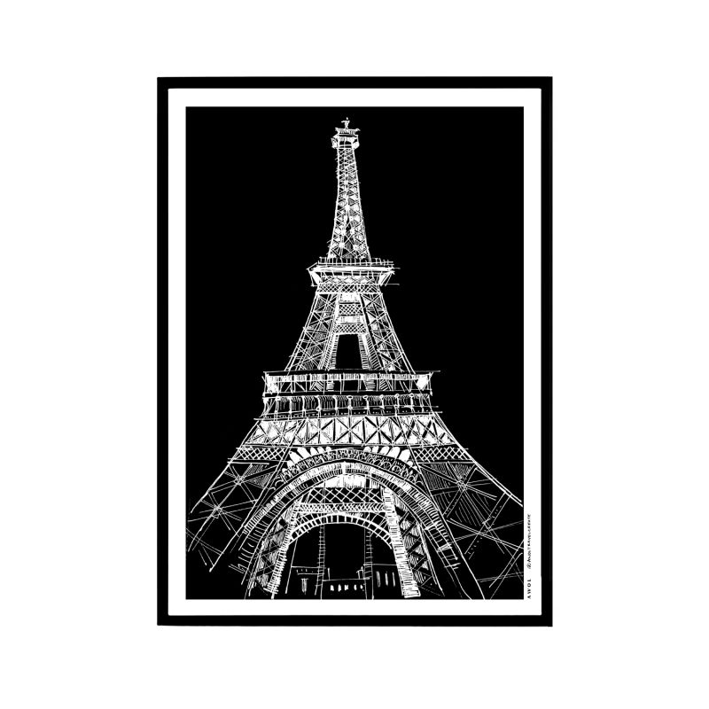 Black And White City Poster, Paris Wall Art With Eiffel Tower At Night: Art Print image