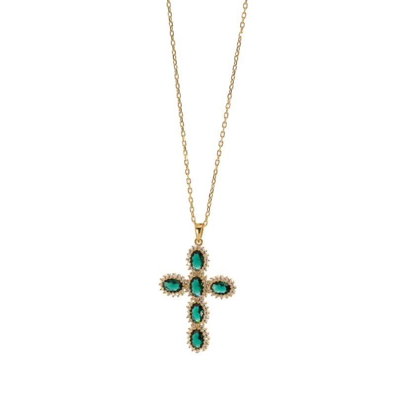 Passion Diamond & Green Jade Stone Cross Pendant Necklace - Green image