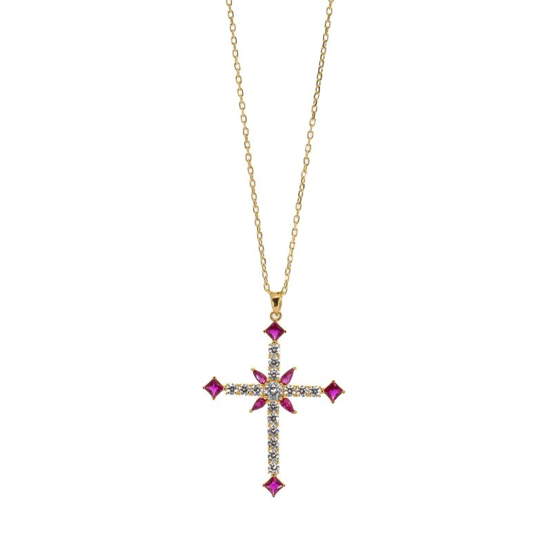 Passion Diamond & Ruby Stone Cross Pendant Necklace - Pink image