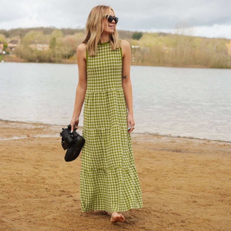 Paula Gingham Summer Cotton Knitted Midi Dress - Green image