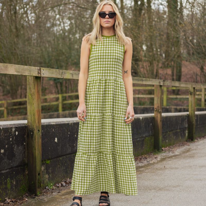 Paula Gingham Summer Cotton Knitted Midi Dress - Green image