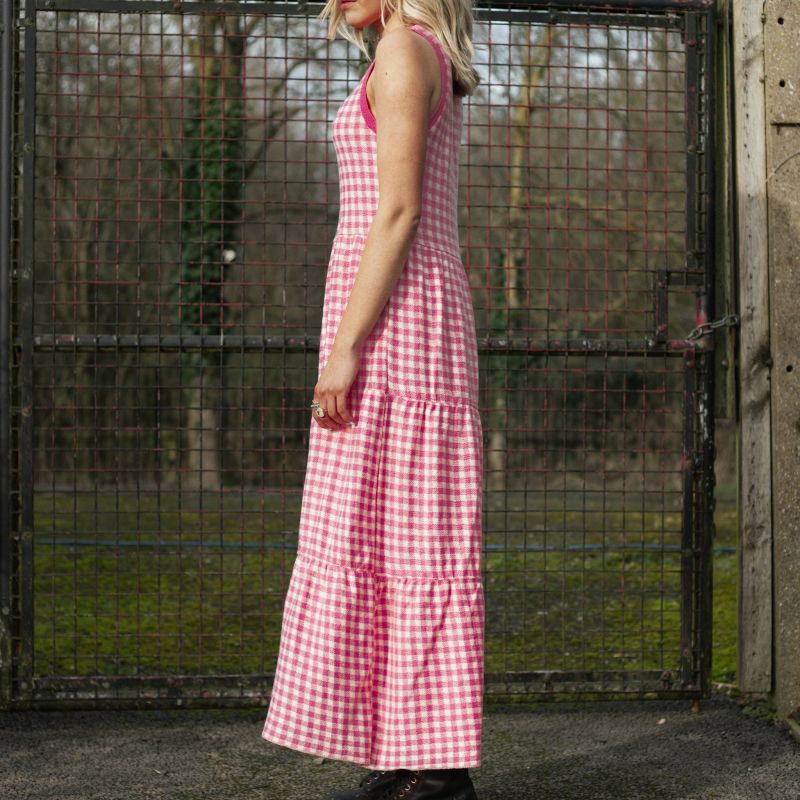 Paula Gingham Cotton Knitted Midi Summer Dress - Hot Pink image