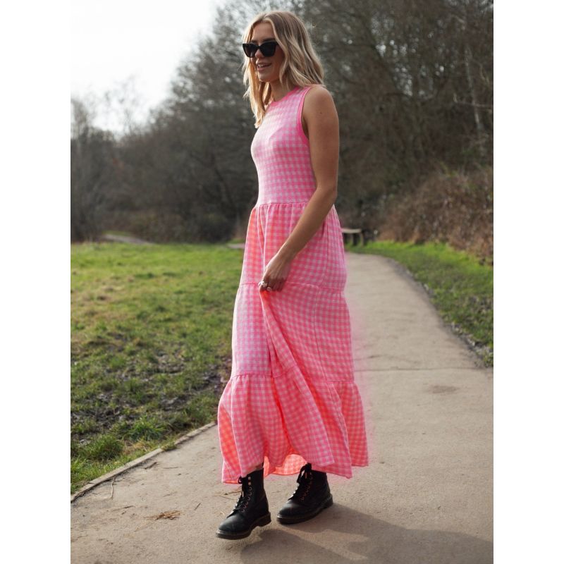 Paula Gingham Cotton Knitted Midi Summer Dress - Hot Pink image