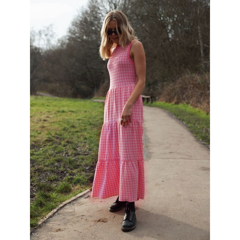 Paula Gingham Cotton Knitted Midi Summer Dress - Hot Pink image