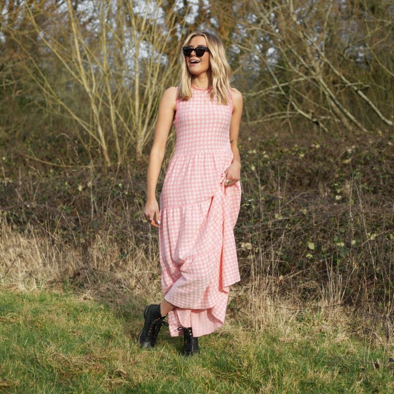 Paula Gingham Cotton Midi Dress - Soft Pink image