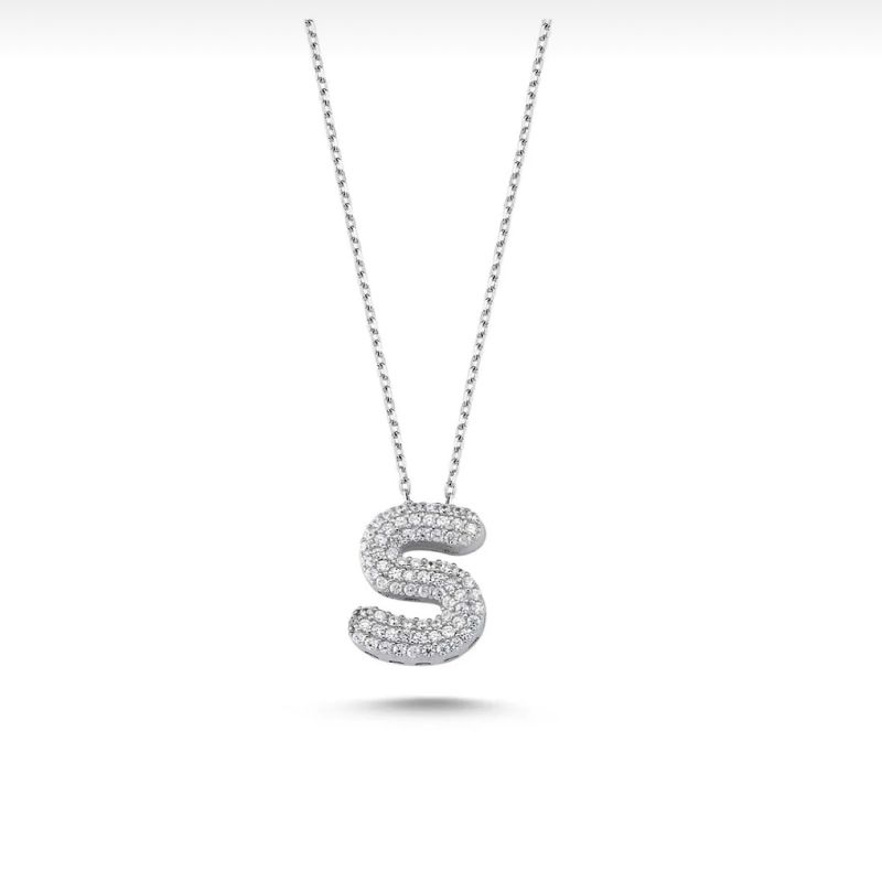 Pave Bubble Letter Initial Necklace Diamond Zircon Stones Alphabet Necklace image