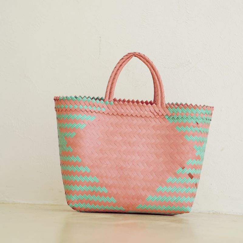 Jasmin Recycled Plastic Woven Shopper Tote in Pink & Teal image