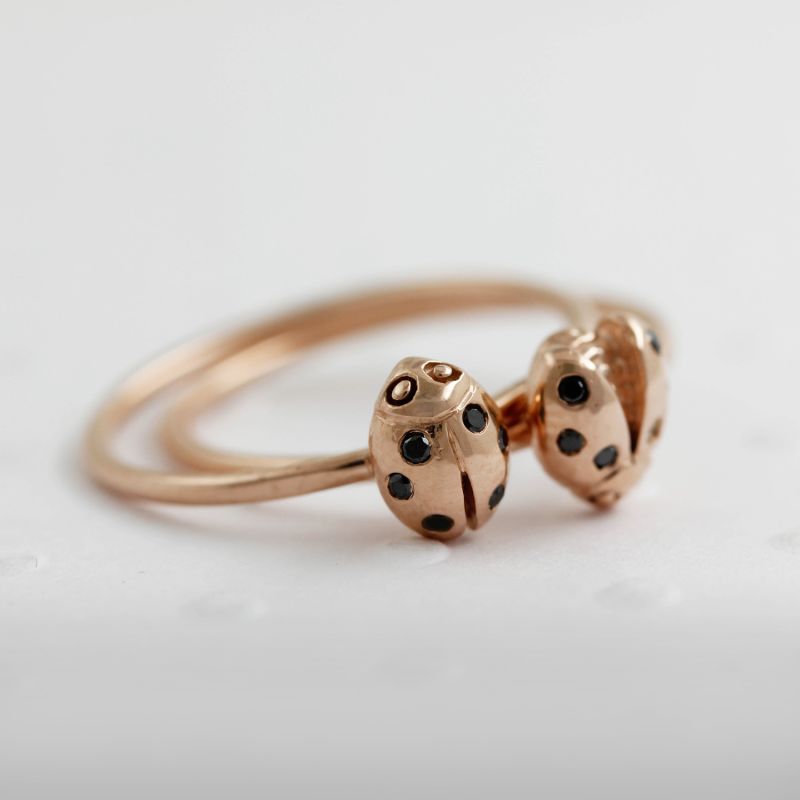 Ladybird Black Diamond Ring - Rose Gold - Wings Open image