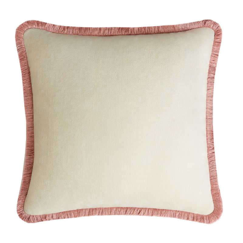 Happy Pillow Velvet Dirty White With Pink Fringes image