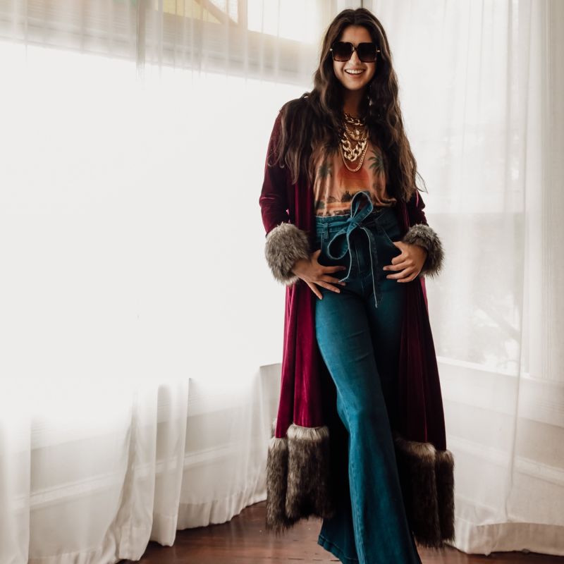 Burgundy Velvet Faux Fur Cuff Coat image