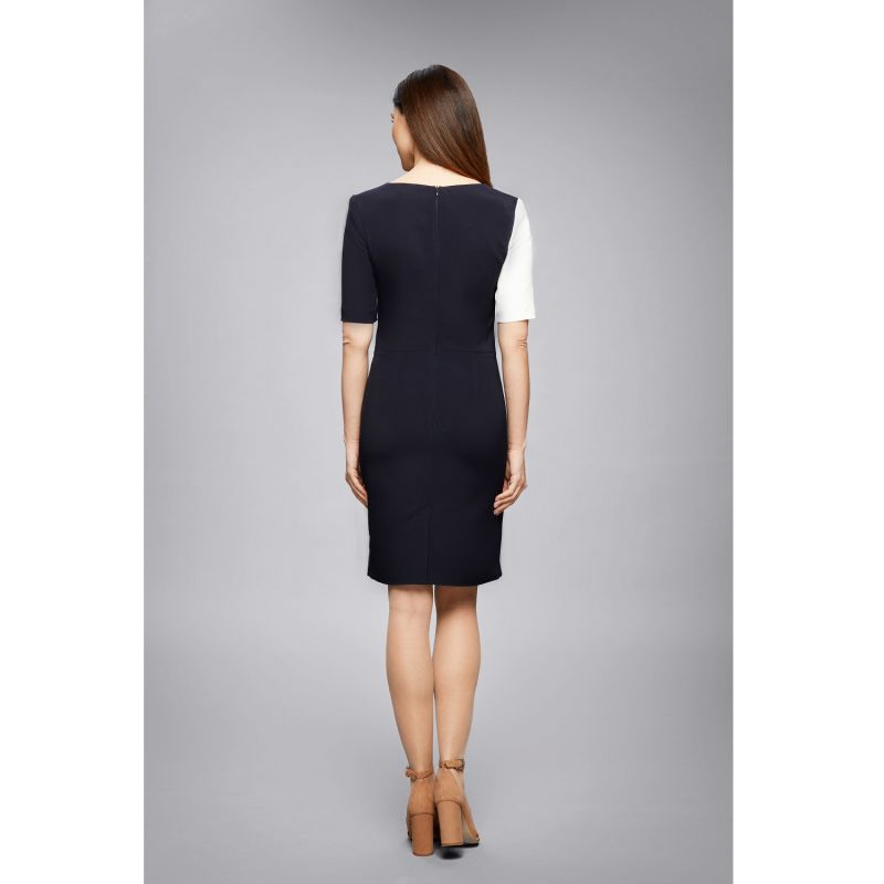 Francesca Midnight Blue Dress With Keyhole Tab Neckline And Cream Silk Detail image