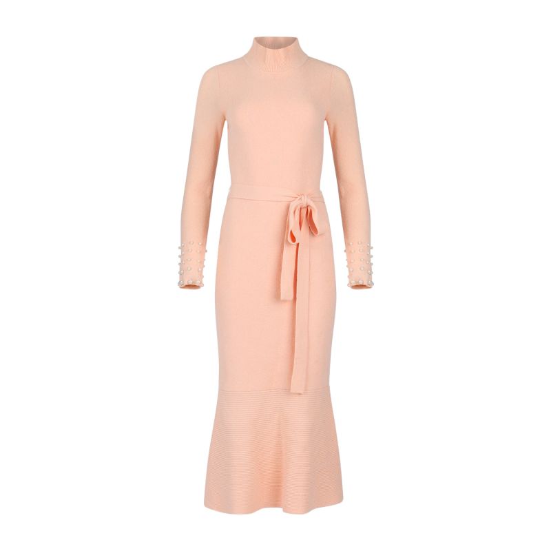 Peach Maxi Knit Dress With Pearls Buttons image