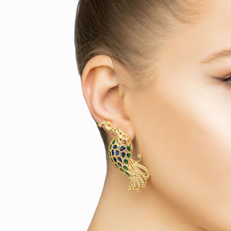 Peacock Train Earrings Gold Blue Green image