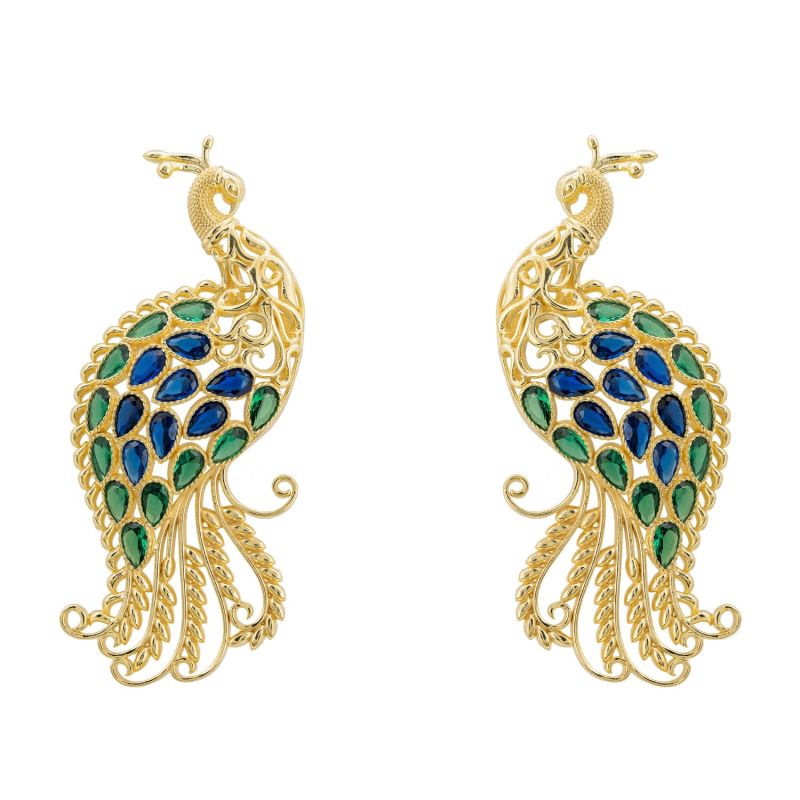 Peacock Train Earrings Gold Blue Green image