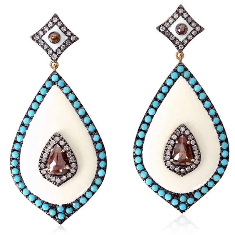 Pear Cut Ice Diamond & Turquoise Enamel Pretty Dangle Earrings In 18K Gold With Silver image