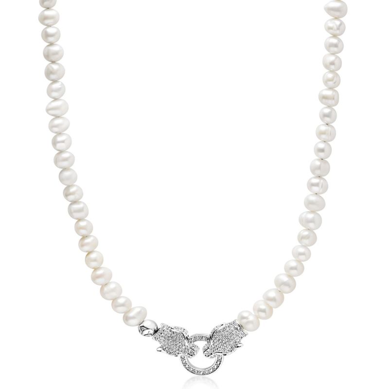 Pearl Choker With Double Panther Head In Silver image