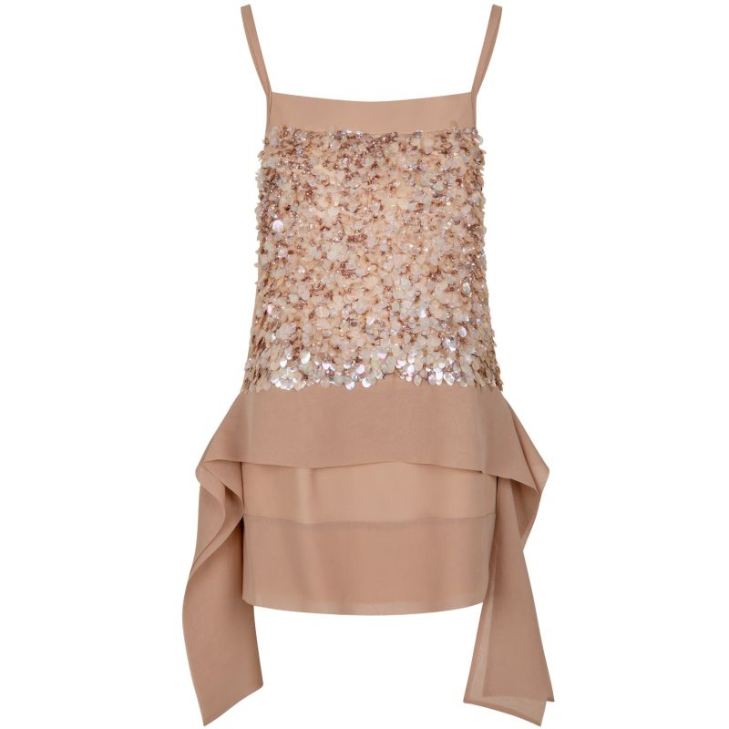 Pearl Sequin Embellished Silk Mini Dress Beige image