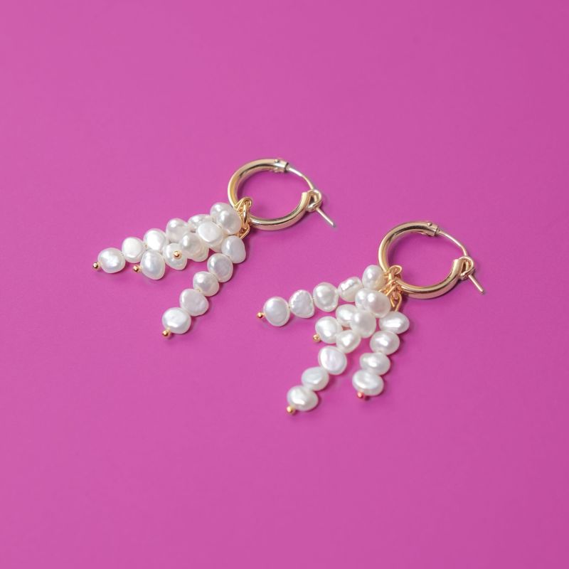 Pearl Tassel Charms Dangly Hoop Earrings image