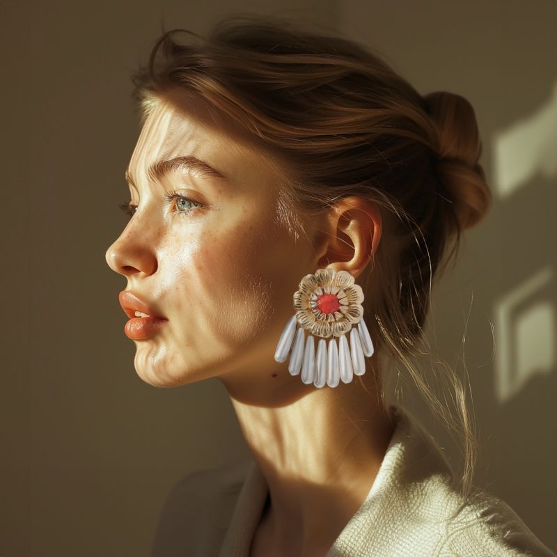 Peony Floral Earring In Bright Coral & Pearl image